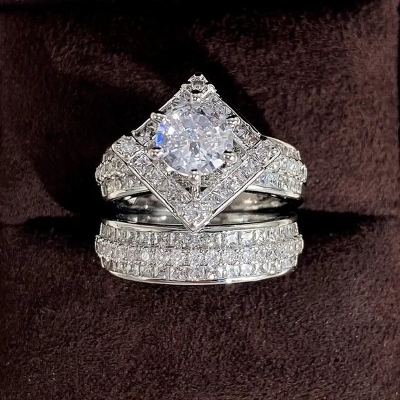 Fashion Silver 4A Zircon Square Engagement Wedding Rings 2pcs Ring Set - Picture 5 of 6